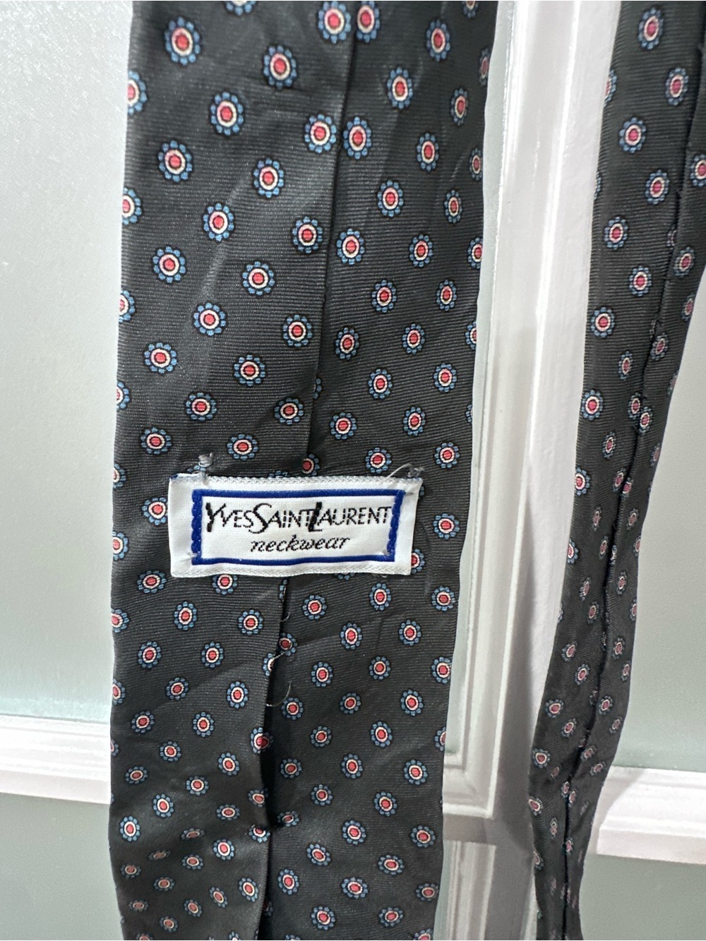Vintage Yves Saint Laurent Mens Silk Tie Charcoal Medallion Geometric Floral
